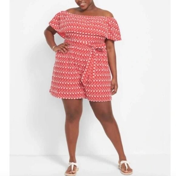 Lane Bryant Red Eyelet Ruffle Off The Shoulder Romper - Picture 1 of 9